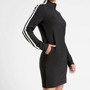 Athleta Black Dress with White Sleeve Stripes